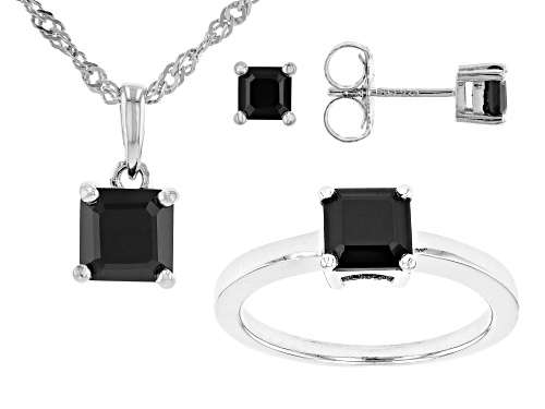 Photo of 2.62ctw Square Octagonal Black Spinel Rhodium Over Sterling Silver Jewelry Set