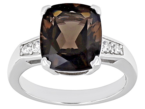 3.75ct Cushion Smoky Quartz With 0.14ctw White Zircon Rhodium Over Sterling Silver Ring - Size 8