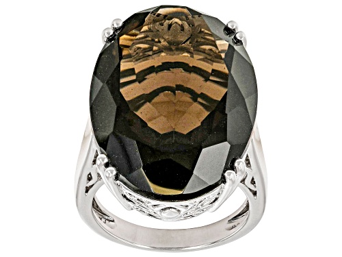 21.25ct Oval Smoky Quartz Rhodium Over Sterling Silver Solitaire Ring - Size 6