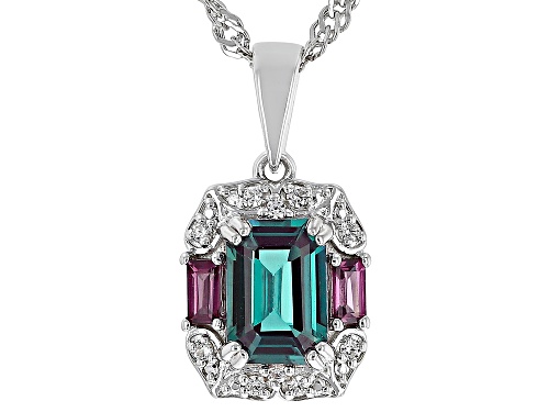 Photo of 1.02ct Lab Alexandrite, .12ctw Rhodolite With 0.06ct Zircon Rhodium Over Silver Pendant with Chain