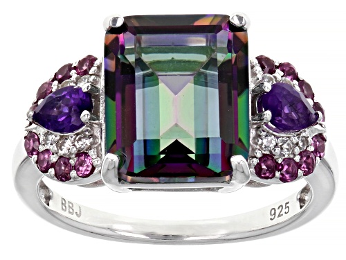 3.87ct Multi-Color Quartz, 0.49ctw Multi-Gem With 0.08ctw White Zircon Rhodium Over Silver Ring - Size 8