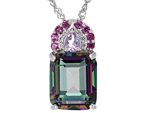 3.87ct Oval Multi-Color Quartz with 0.29ctw Multi-Gem Rhodium Over Silver Pendant with Chain