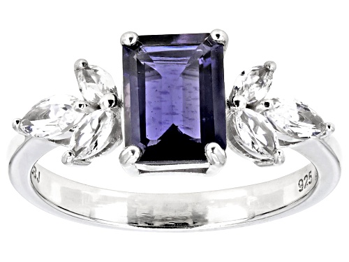 1.11ct Rectangular Octagonal Iolite With 0.52ctw Lab Created White Sapphire Rhodium Over Silver Ring - Size 9