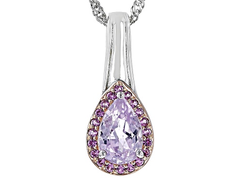 Photo of 1.53ct Pear Shape Kunzite With 0.19ctw Lab Pink Sapphire Rhodium Over Silver Pendant With Chain
