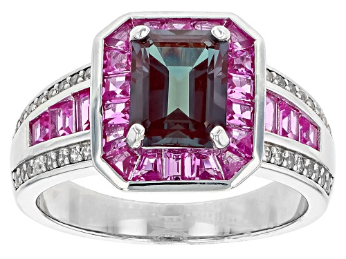 Photo of 2.12ct Lab Alexandrite, 1.26ctw Lab Pink Sapphire With .23ctw White Zircon Rhodium Over Silver Ring - Size 6