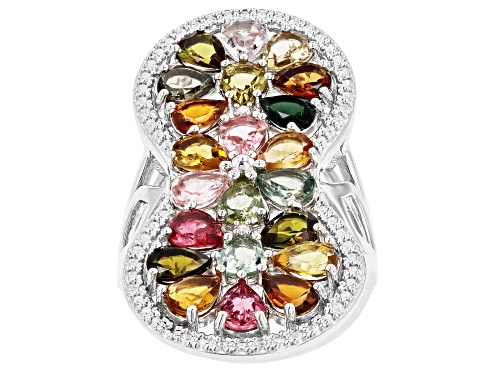 6.55ctw Pear Shape Multicolor Tourmaline With 0.01ctw Diamond Accent Rhodium Over Silver Ring - Size 7