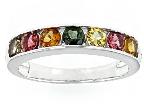 1.19ctw Round Multicolor Tourmaline With 0.01ctw White Diamond Accent Rhodium Over Silver Band Ring - Size 7