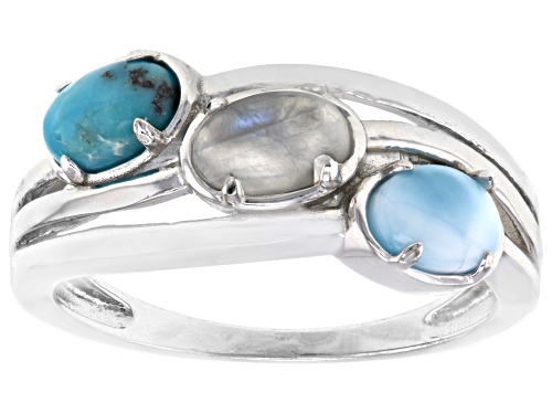 6x4mm Oval Rainbow Moonstone with Larimar and Turquoise Rhodium Over Silver 3-Stone Ring - Size 6