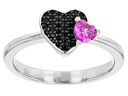 0.13ctw Round Black Spinel With 0.26ct Lab Created Pink Sapphire Rhodium Over Sterling Silver Ring - Size 10