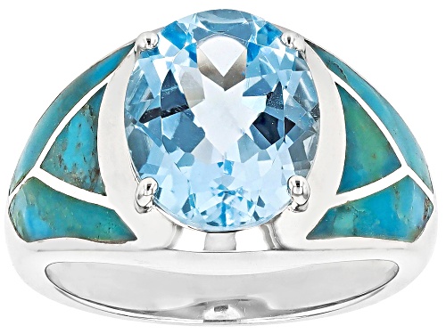 6.20ct Oval Glacier Topaz™ With Free-Form Turquoise Rhodium Over Silver Ring - Size 7