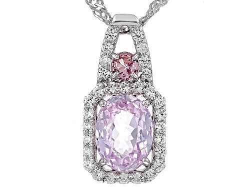 1.50ct Kunzite, .11ct Pink Sapphire With .23ctw White Zircon Rhodium Over Silver Pendant Chain