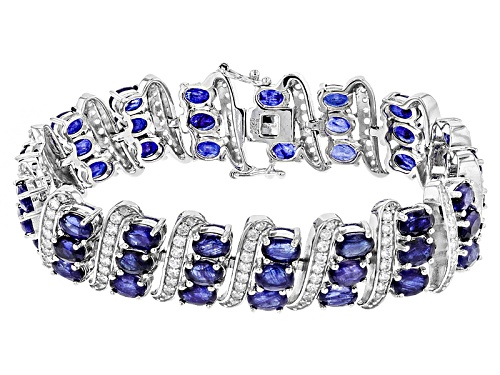 30.92ctw Oval Mahaleo® Blue Sapphire With 3.00ctw Round White Zircon Rhodium Over Silver Bracelet - Size 8