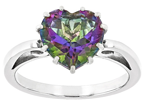 3.50ct Heart Shape Mystic Fire® Green Topaz Rhodium Over Sterling Silver Solitaire Ring - Size 9
