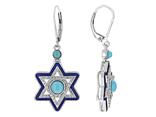 3mm & 5mm Composite Turquoise, White Zircon and Enamel Star of David Rhodium Over Silver Earrings