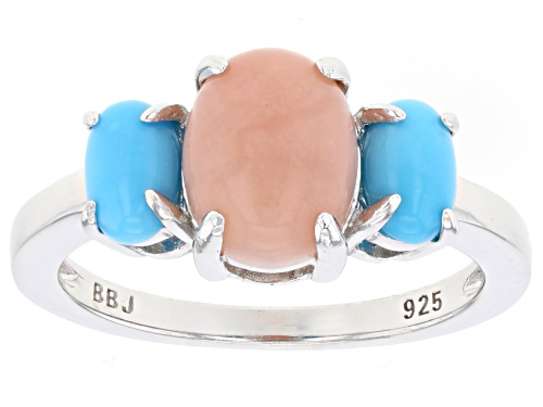 Photo of 9x7mm Oval Pink Opal With 6x4mm Oval Sleeping Beauty Turquoise Rhodium Over Silver 3-Stone Ring - Size 9