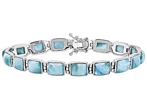 8x6mm Baguette Cabochon Larimar Rhodium Over Sterling Silver Tennis Bracelet - Size 8