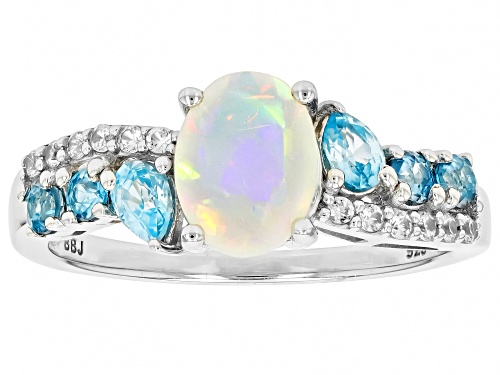 0.54ct Oval Ethiopian Opal With 0.80ctw Blue & White Zircon Rhodium Over Sterling Silver Ring - Size 10