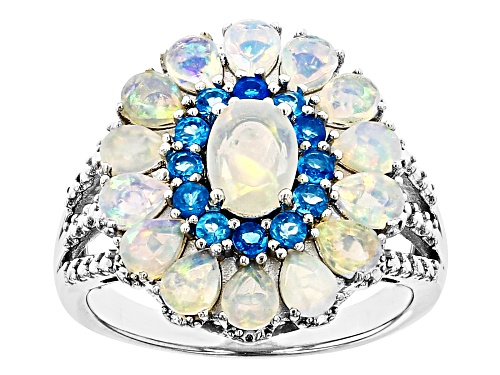 0.38ct Oval And 1.07ctw Pear shape Ethiopian Opal With 0.41ctw Neon Apatite Rhodium Over Silver Ring - Size 8