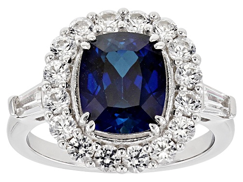 3.50ct Cushion Lab Blue Sapphire With 1.54ctw lab White Sapphire Rhodium Over Sterling Silver Ring - Size 8