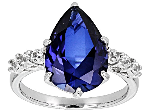 4.25ct Pear Shape Lab Blue Sapphire With 0.38ctw Round Lab White Sapphire Rhodium Over Silver Ring - Size 6
