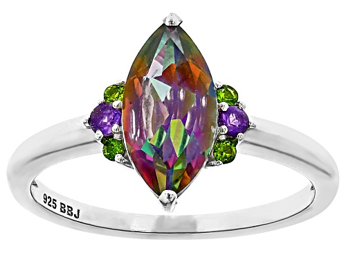 1.70ct Mystic Fire® Green Topaz, 0.06ctw Amethyst, 0.06ctw Chrome Diopside Rhodium Over Silver Ring - Size 9