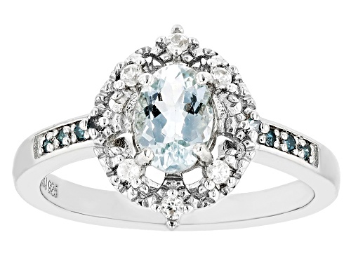 .60ct Oval Aquamarine, .04ctw Zircon With .05ctw Blue Diamond Accent Rhodium Over Silver Ring - Size 8