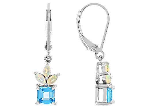 1.39ctw Asscher Cut Swiss Blue Topaz With 0.36ctw Ethiopian Opal Rhodium Over Silver Earrings