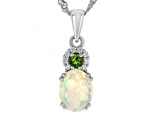 0.77ct Oval Ethiopian Opal,.09ct Chrome Diopside With.14ctw Zircon Rhodium Over Silver Pendant Chain