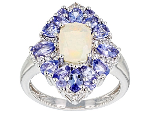 .85ct Ethiopian Opal with 1.43ctw Tanzanite and 0.19ctw White Zircon Rhodium Over Silver Ring - Size 7
