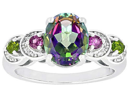 2.82ct Oval Mystic Fire® Green Topaz With 0.37ctw Multi-Gem Rhodium Over Silver Ring - Size 8