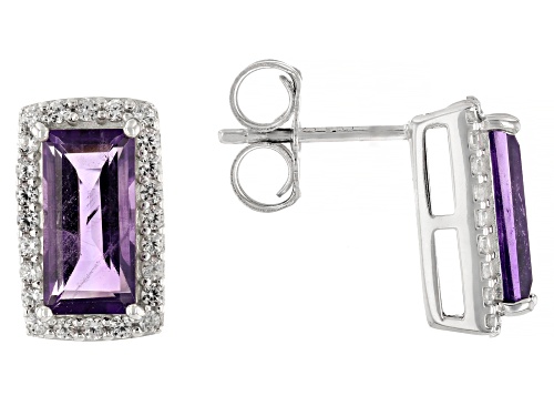 3.20ct Baguette African Amethyst With 0.56ctw White Zircon Rhodium Over Silver Stud Earrings