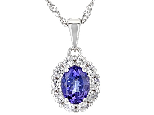 1.25ct Oval Tanzanite With 0.85ctw Round White Zircon Rhodium Over Silver Pendant With Chain