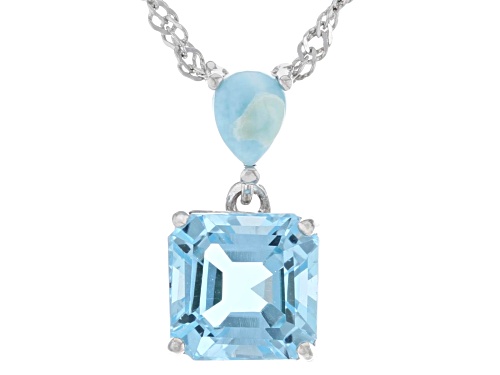 2.76ct Asscher Cut Glacier Topaz™ With 5x4mm Larimar Rhodium Over Silver Pendant With Chain