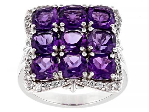 3.71ct Cushion African Amethyst With 0.56ctw White Zircon Rhodium Over Sterling Silver Ring - Size 6