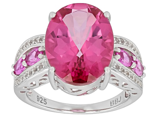 9.78ct Pink Topaz, 0.51ctw Lab Pink Sapphire With 0.11ctw White Topaz Rhodium Over Silver Ring - Size 7