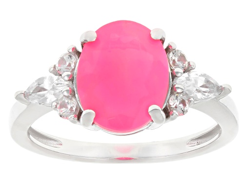 1.23ct Oval Pink Ethiopian Opal With 0.62ctw White Zircon Rhodium Over Sterling Silver Ring - Size 8