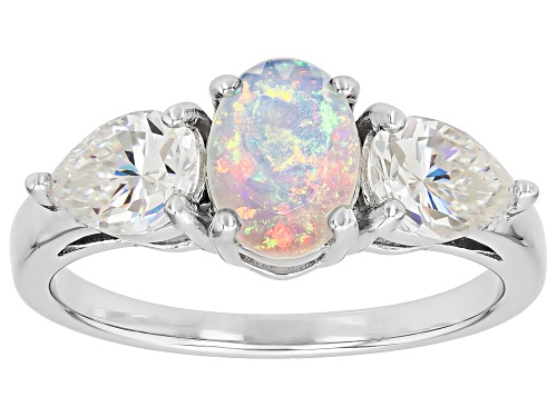 1.70ct Oval Multi-color Opal With .54ct Strontium Titanate Rhodium Over Silver 3-Stone Ring - Size 6
