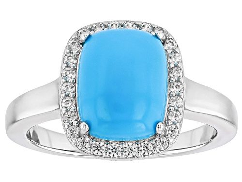 10x8mm Cushion Sleeping Beauty Turquoise With .36ctw White Zircon Rhodium Over Sterling Silver Ring - Size 8