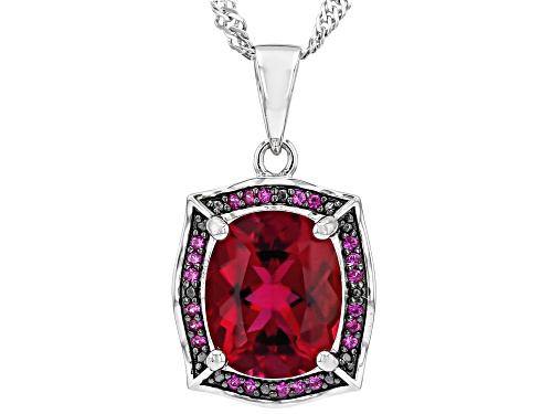 2.60ct Cushion Lab Bixbite With 0.13ctw Lab Ruby Rhodium Over Sterling Silver Pendant With Chain
