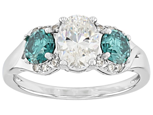 1.66ct Oval Strontium Titanate, .77ctw Moissanite Fire® With .11ctw Zircon Rhodium Over Silver Ring - Size 9