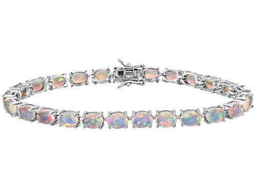 10.13ctw Oval Ethiopian Opal Rhodium Over Sterling Silver Tennis Bracelet - Size 8