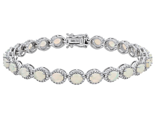 5.30ctw Oval Ethiopian Opal with White Diamond Accent Rhodium Over Silver Bracelet - Size 7.25