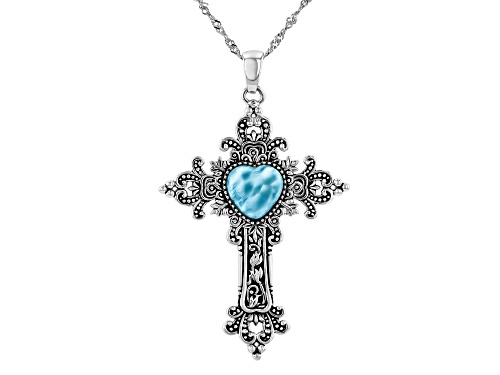 10mm Heart Cabochon Larimar Sterling Silver Cross Pendant With Chain