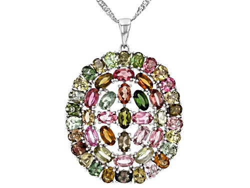 8.19ctw Oval Multi Tourmaline Rhodium Over Sterling Silver Pendant With Chain