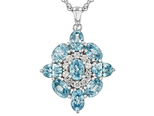 5.74ct Oval Blue Zircon With 0.44ctw White Zircon Rhodium Over Sterling Silver Pendant With Chain