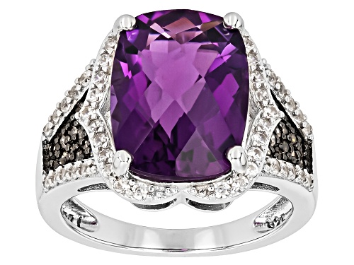 5.35ct Canela Amethyst With 0.16ctw Diamond and 0.58ctw White Zircon Rhodium Over Silver Ring - Size 9
