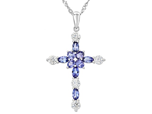 1.52ct Oval Tanzanite With 1.06ctw White Moissanite Rhodium Over Silver Cross Pendant With Chain