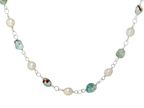 8x6mm Cultured Freshwater Pearl with 8x5mm Larimar Rhodium Over Sterling Silver Necklace - Size 30