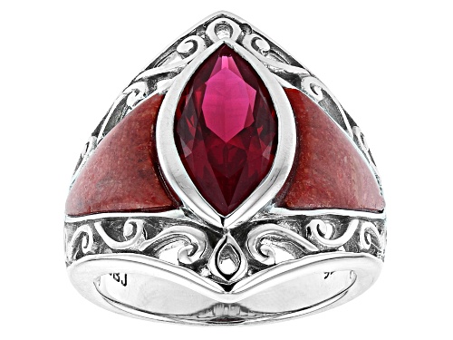Photo of 2.89ct Marquise Lab Created Ruby With 9x8mm Red Coral Rhodium Over Sterling Silver Ring - Size 8