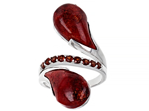 Photo of 17X10mm Fancy Shape Sponge Coral and 0.55ctw Vermelho Garnet™ Rhodium Over Silver Bypass Ring - Size 8